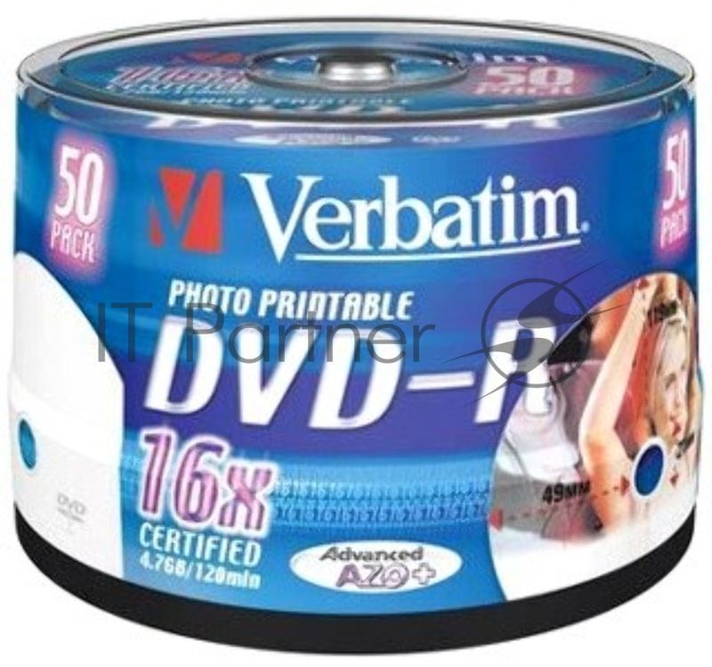 Диск DVD-R Verbatim 4.7Gb 16x Cake Box (50шт) Printable (43533)