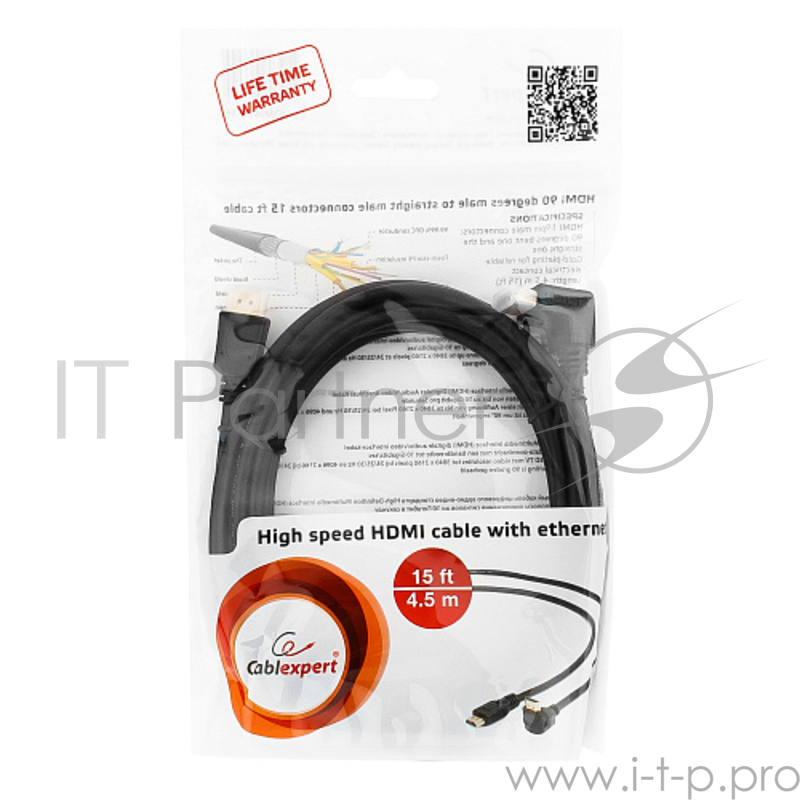 Кабель Cablexpert HDMI CC-HDMI490-15, 19M/19M, v2.0, медь, позол.разъемы, экран, угловой, 4.5м, черный, пакет