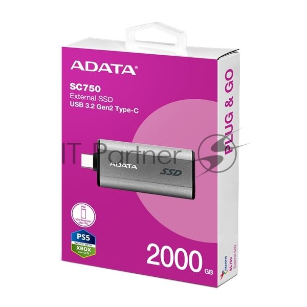 Внешний SSD ADATA SC750, 2TB, USB 3.2 Gen 2 Type-C, R/W 1050/1000, черный