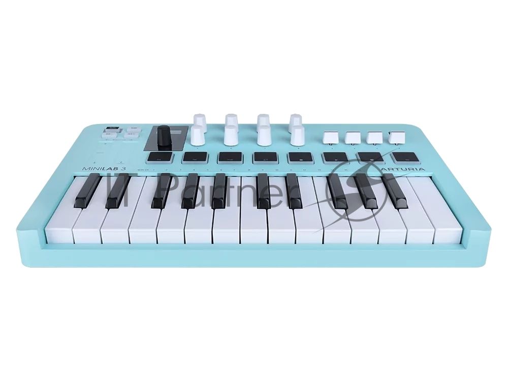 Клавиатура MIDI 231599 Arturia MiniLAB 3 Aquamarine 25 клавиш, 8 энкодеров, 8 RGB пэдов, 8 фейдеров, дисплей, сенсорные регуляторы Pitch/Modulation, MIDI-выход, 1/4" Jack вход педали, режим Chord, арпеджиатор, USB-C