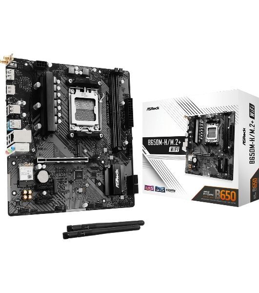 Материнская плата ASRock B650M-H/M.2+ WiFi, AM5, AMD B650, 2xDDR5, 4xSATA, 2xM.2, 1xPCIe 4.0 x16, 2xPCIe 4.0 x1, 1xHDMI, 1xDP, 1x1Gb LAN, Wi-Fi 5, Bluetooth 5.0, 1xUSB-C 5Gbps, 3xUSB-A 5Gbps, 2xUSB-A 2.0, 3x3.5 мм, 7.1, mATX