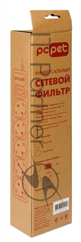 Сетевой фильтр PC Pet AP01006-E-GR 1.8м, 5 розеток, серый