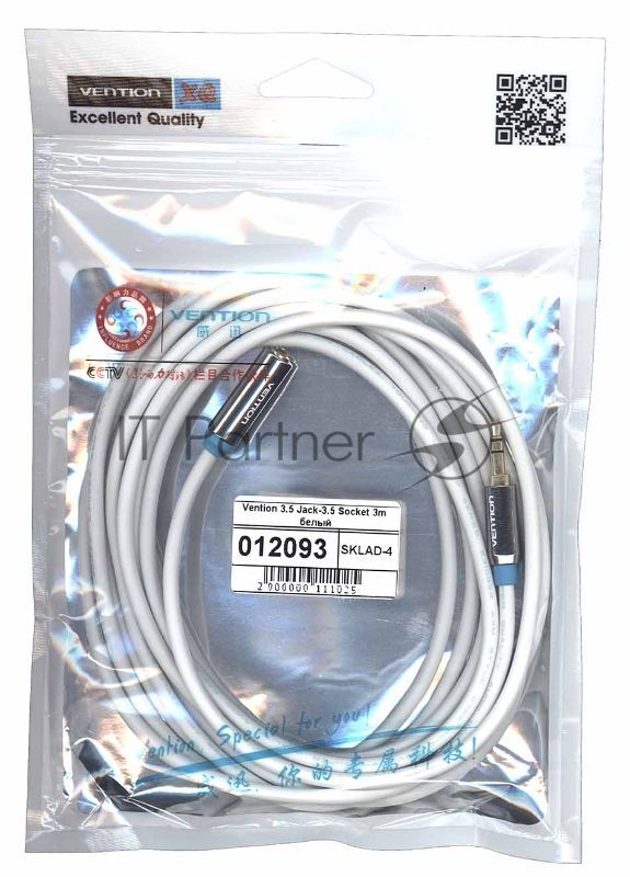 Кабель Vention 3.5 Jack-3.5 Socket 3m белый круглый