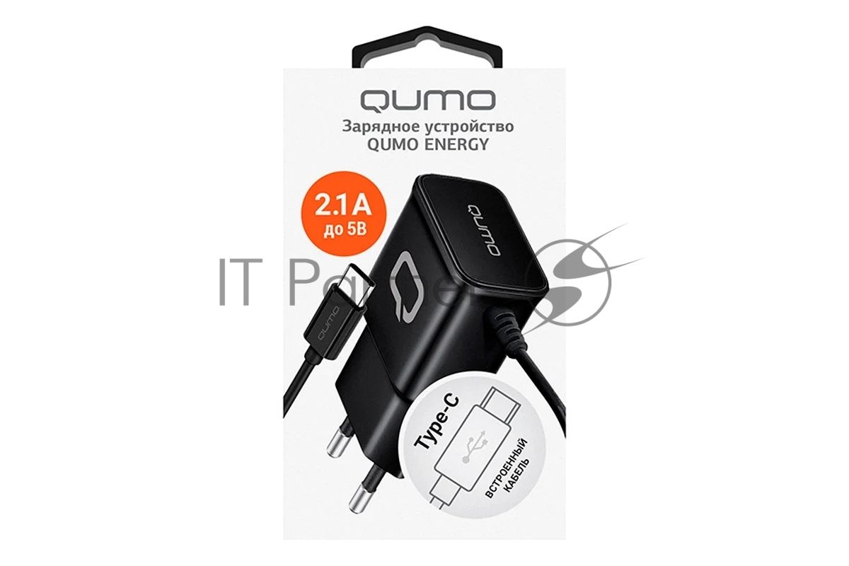 Сетевое зарядное устройство Qumo Energy (Charger 0025) 2.1A, встроенный кабель TYPE-C, черный