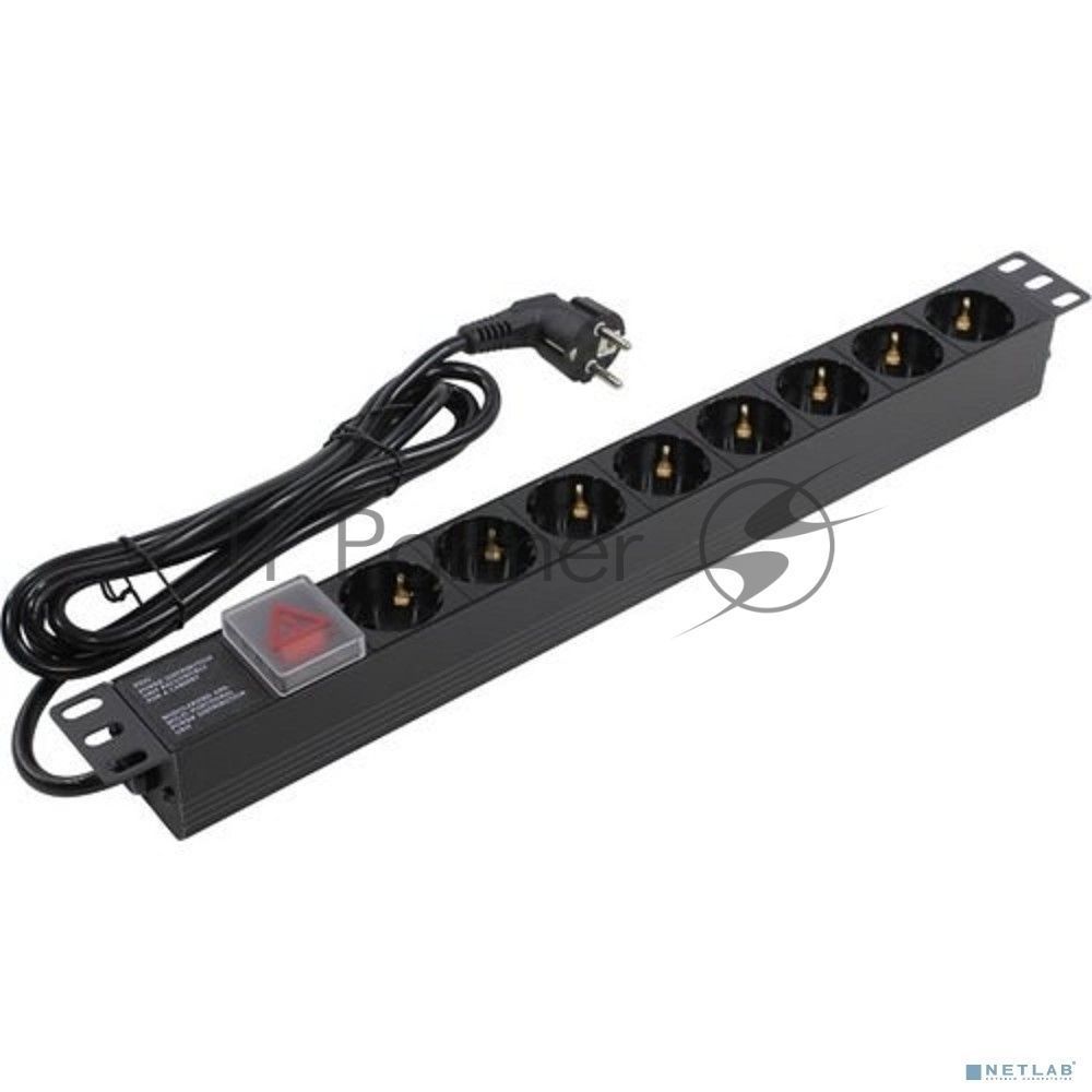 Блок розеток горизонтальный ExeGate ServerPro PDU-19H804 Al-8S-EU2.5-SW, 19", 1U, Алюминий, 8 Schuko, кабель с евровилкой VDE-250V-16A-3*1.5мм2, 2.5 метра, выкл. с подсветкой, черный