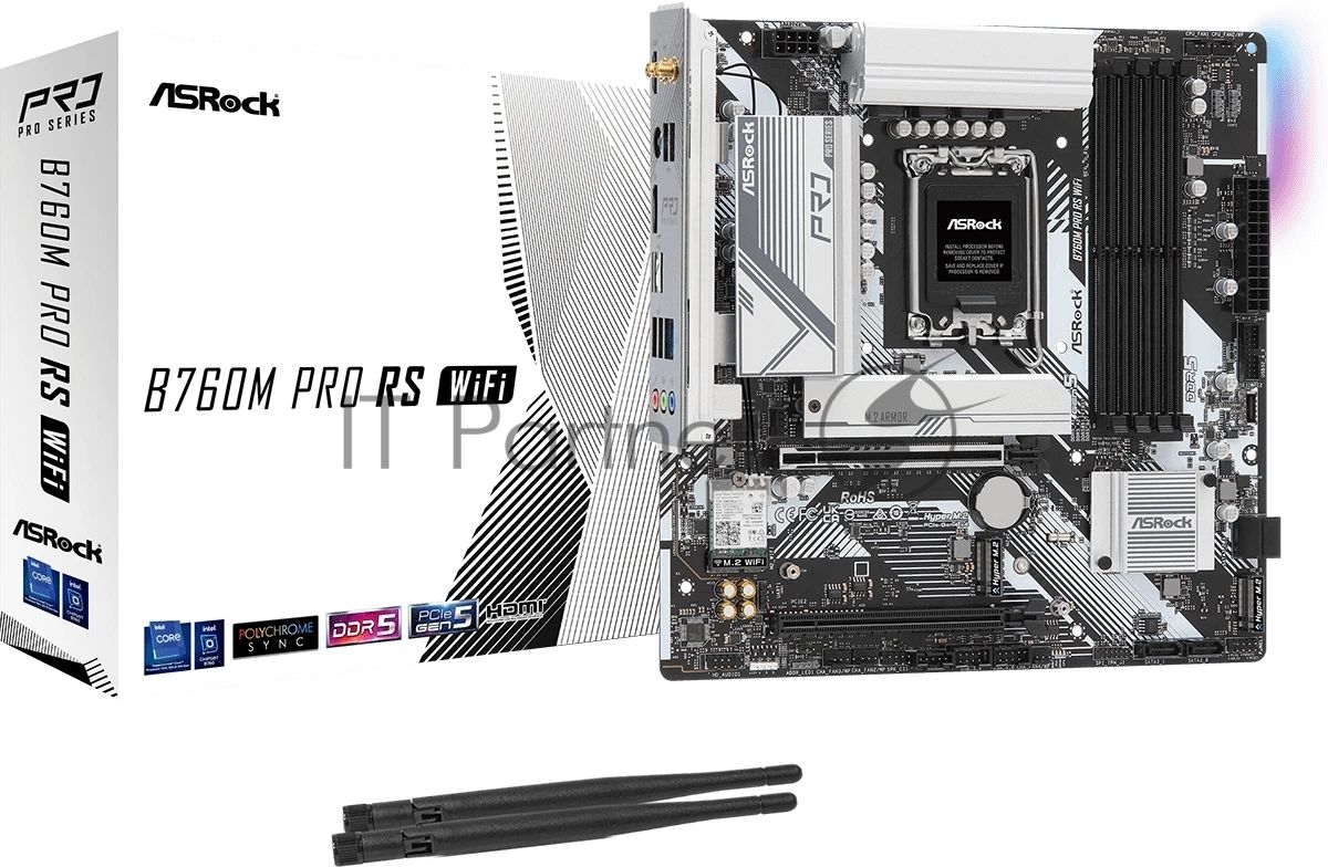 Материнская плата ASRock B760M Pro RS WiFi, LGA 1700, Intel B760, 4xDDR5, 4xSATA, 3xM.2, 1xPCIe 5.0 x16, 1xPCIe 3.0 x16, 1xHDMI, 1xDP, 1x2.5Gb LAN, Wi-Fi 6E, Bluetooth 5.3, 1xUSB-C 5Gbps, 3xUSB-A 5Gbps, 2xUSB-A 2.0, 3x3.5 мм, 7.1, mATX