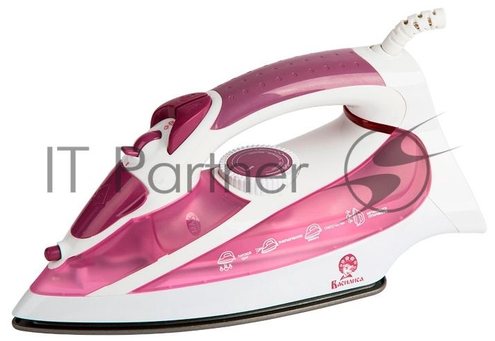 Утюг ВАСИЛИСА У3-2000 белый с сиреневым (2000 Вт. Тефлоновое покрытие подошвы. Индикатор нагрева утюга. Терморегулятор. 3 режима: сухое глажение, отпаривание, разбрызгивание воды. Возмож-ть регулировки степени отпаривания/вертикального отпаривания. Парово