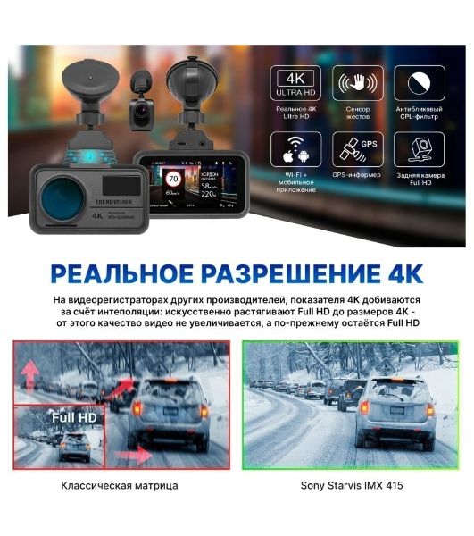 Видеорегистратор TrendVision TDR-725 Real 4K, 3840x2160, 3", GPS/ГЛОНАСС, Wi-Fi, G-сенсор, датчик движения, GPS-информатор