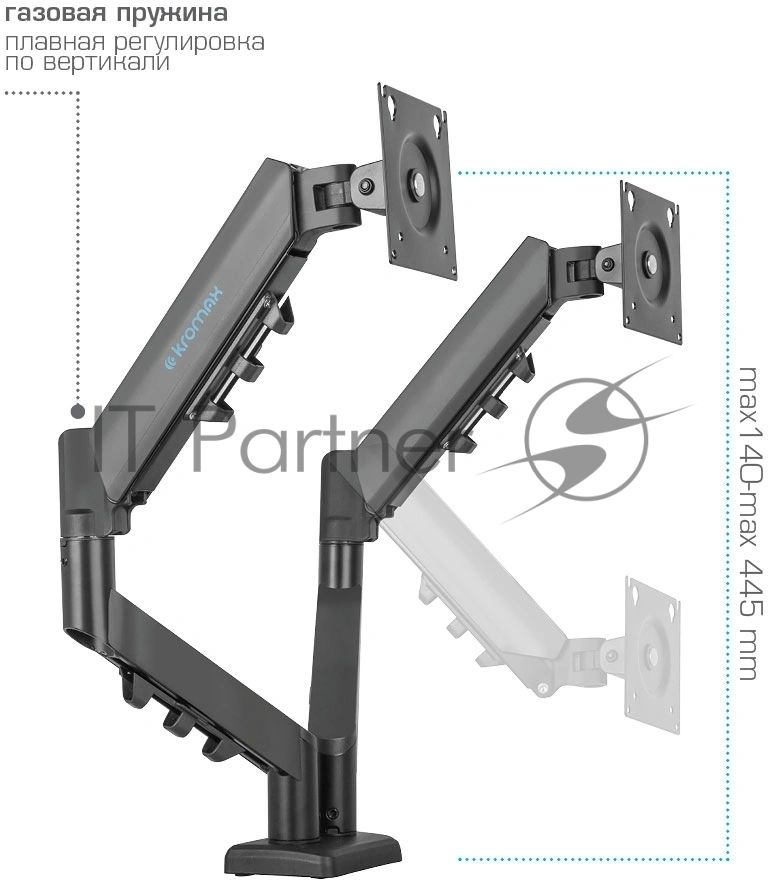 Кронштейн Kromax OFFICE-14 черный, 4 шт/уп. Кр. стал. настол. для 2-х мон. 15"-32", max 2x10 кг, 6 ст. св., нак. +90° -45°, пов. 180°, max VESA 100x100