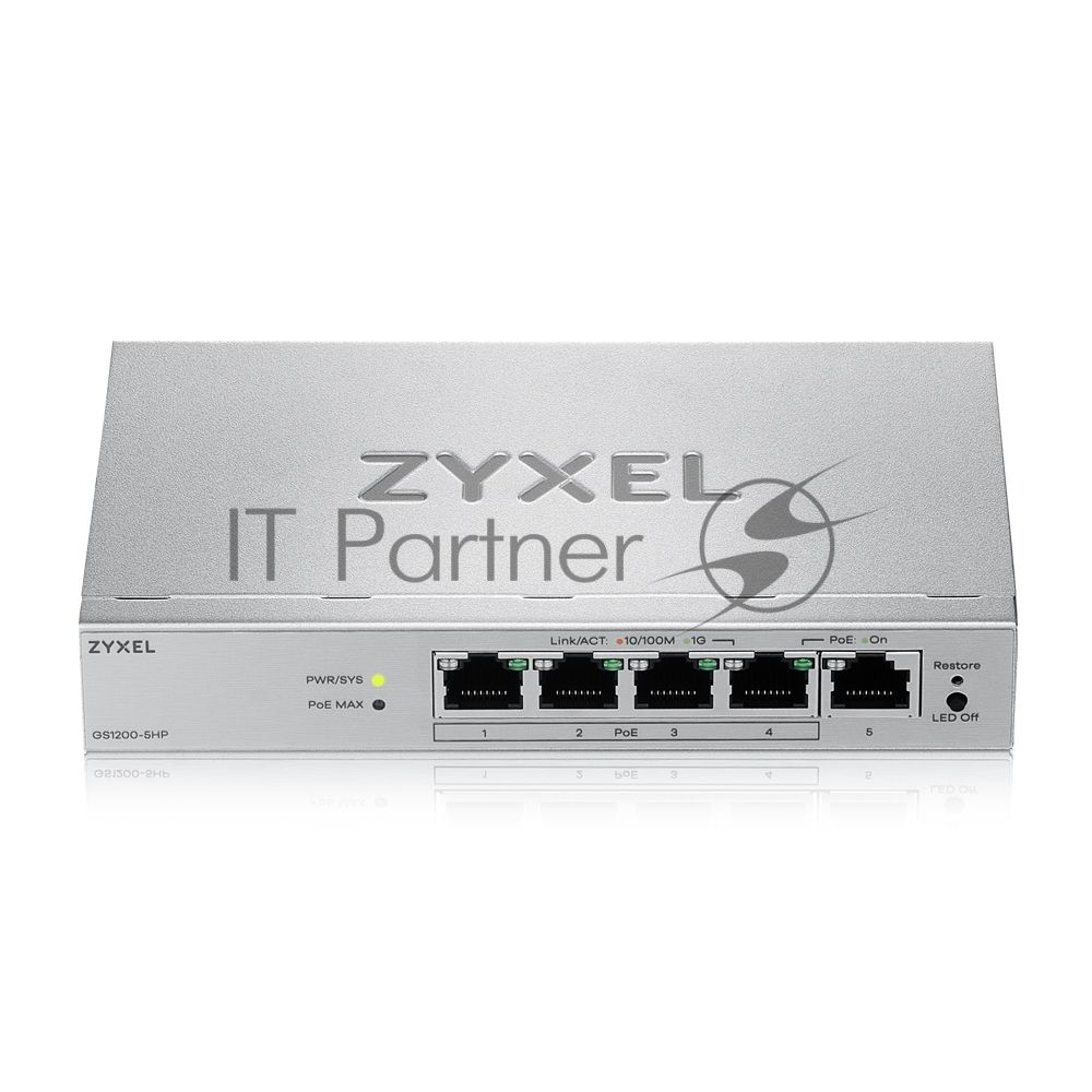 Коммутатор ZYXEL GS1200-5HPV3-EU0101F, 5×1 Гбит/с, 4×PoE+, 68 Вт, управляемый