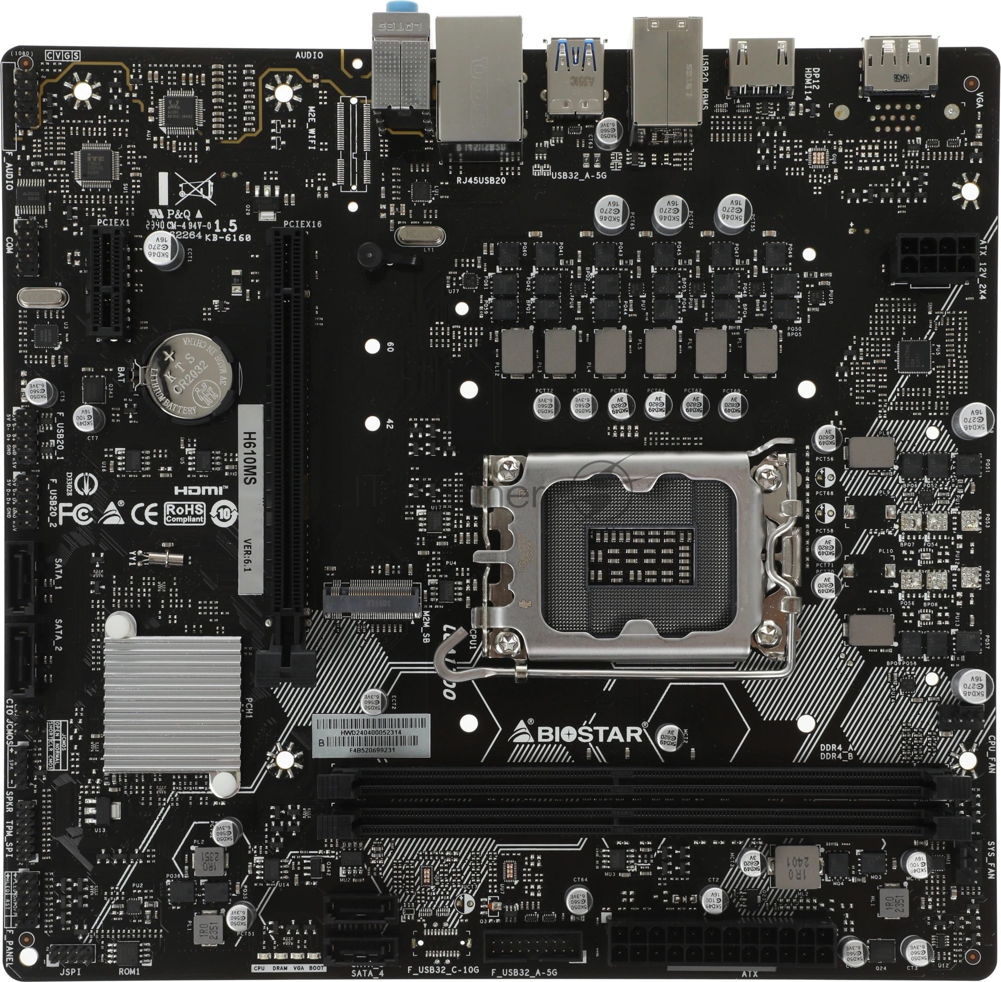 Материнская плата Biostar H610MS, LGA1700, Intel H610, 2xDDR4, 4xSATA, 1xM.2, 1xPCIe 4.0 x16, 1xPCIe 3.0 x1, 1xHDMI, 1xDisplayPort, 1x 1Gb LAN, 1xUSB 3.2 Gen 1, 4xUSB 2.0, 3x3.5 мм, 7.1, microATX