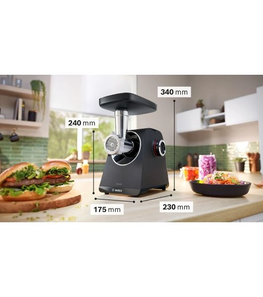Мясорубка электрическая Bosch MFWS430B черный, 1900 Вт, 2.5 кг/мин, реверс, насадки - 6