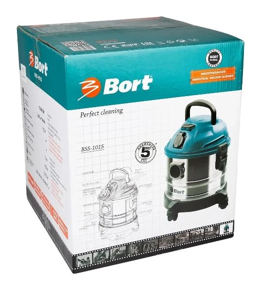 Строительный пылесос Bort BSS-1015 голубой/серебристый, 285/1250 Вт, уборка сухая/влажная, пылесборник контейнер, 15 л