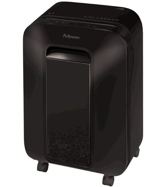 Шредер Fellowes PowerShred LX200 черный (секр.P-4)/перекрестный/12лист./22лтр./скрепки/скобы/пл.карты
