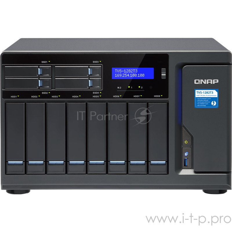 Сетевое хранилище без дисков SMB QNAP TVS-1282T3-i7-64G NAS 8 tray 3,5", 4 tray 2,5", 2 x M.2 slots, 3 HDMI, 2 x 10 GbE BASE-T, 4 x ports Thunderbolt 3. 4-core Intel Core i7-7700 3,6 GHz, 64 GB DDR4