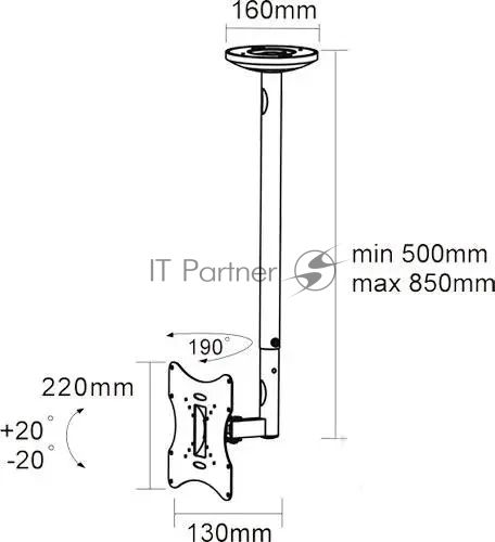 Кронштейн потолочный ARM media LCD-1000 для ЖК ТВ 10"-37", 2 ст. свободы, VESA 75/100/100*200/200, max 30 кг черный