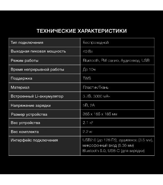 Колонка портативная Hyundai H-PS1025 черный 40W 2.0 BT 10м 3000mAh