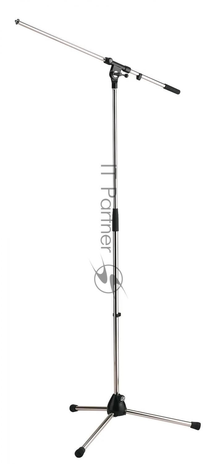 Микрофонная стойка "журавль" K&M 21020-300-02 высота от 900 до 1605 мм, длина стрелы 800 мм, металлические узлы, складная конструкция, материал стойки - сталь, цвет хром