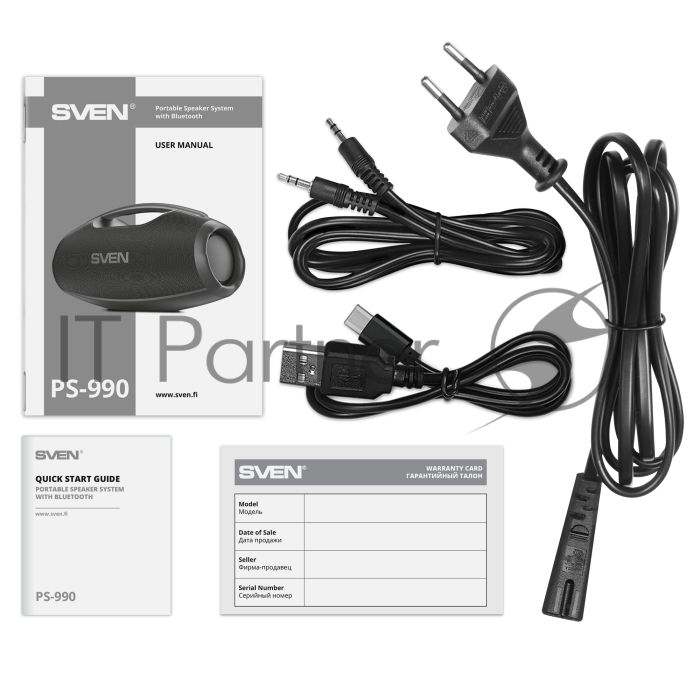 Портативная акустическая система SVEN PS-990, черный, 2.0, 2x90 Вт (RMS), IPx7, TWS, Bluetooth, USB, аккумулятор