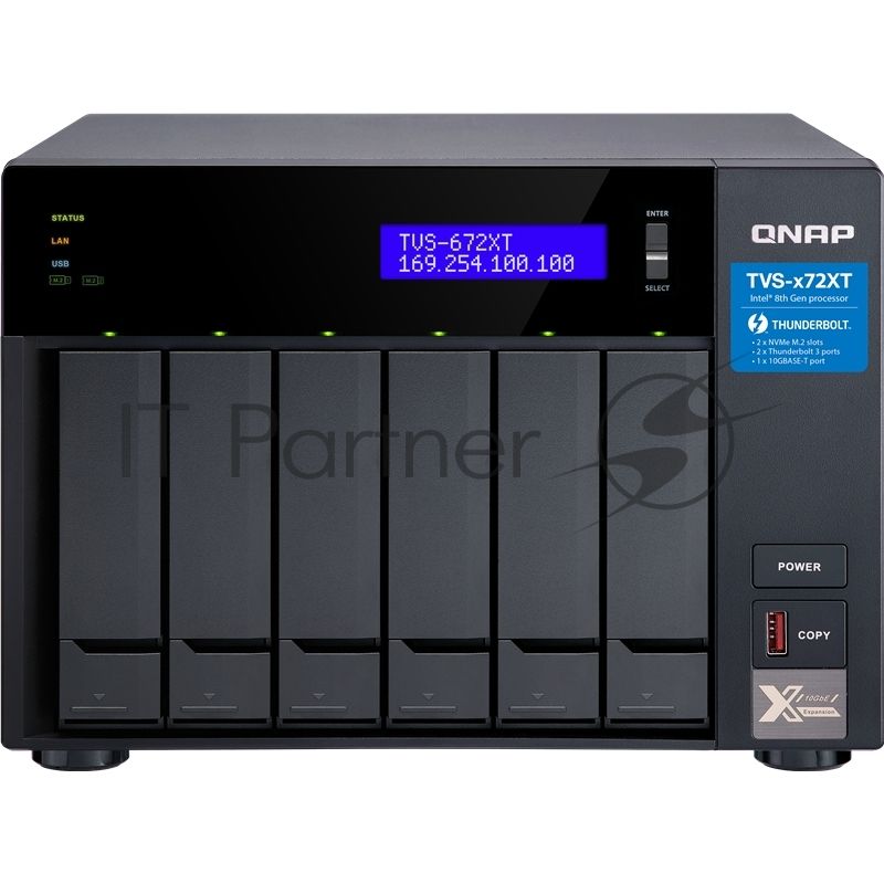 Сетевое хранилище без дисков SMB QNAP TVS-672XT-i3-8G 6-Bay NAS, Intel Core i3-8100T 4-core 3.1 GHz Processor, 8GB DDR4 RAM (max 32GB RAM), 6x 2.5"/3.5" SATA HDD/SSD + 2x M.2 PCIe SSD slot, 2xGbE LAN, 1 x 10GBase-T, 2 x Thunderbolt 3 port