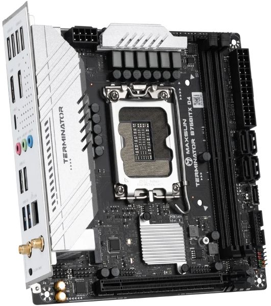 Материнская плата Maxsun Terminator B760ITX D4 WIFI V3, LGA 1700, Intel B760, 2xDDR4 (до 64 ГБ), 4xSATA, 2xM.2 (PCIe 4.0 x4), 1xPCIe 5.0 x16, 1xHDMI, 1xDP, 1x2.5Gb LAN, Wi-Fi 6E, Bluetooth 5.3, 1xUSB-C 20Gbps, 4xUSB-A 5Gbps, 4xUSB-A 2.0, 3x3.5 мм, 7.1, чё