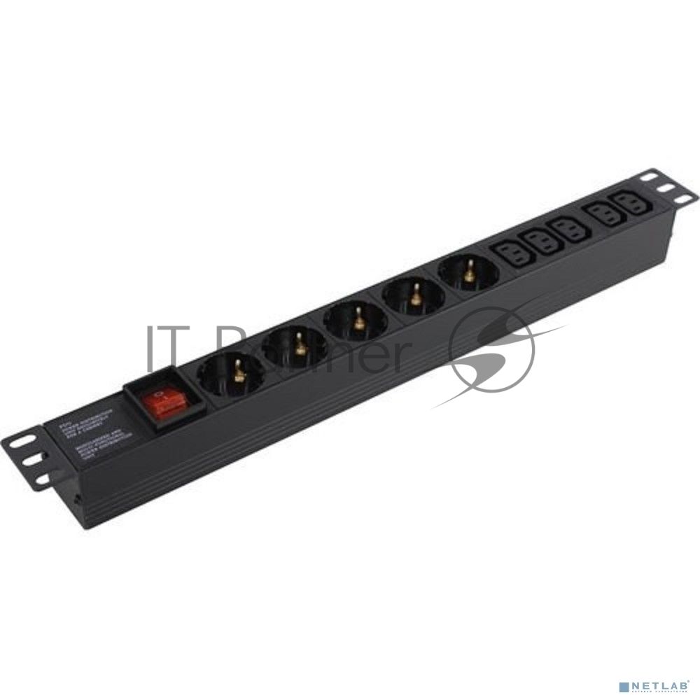 Блок розеток горизонтальный ExeGate ServerPro PDU-19H008 Al-5C135S-C14-SW, 19", 1U, Алюминий, 5 IEC 320 C13, 5 Schuko, С14, выкл. с подсветкой, черный