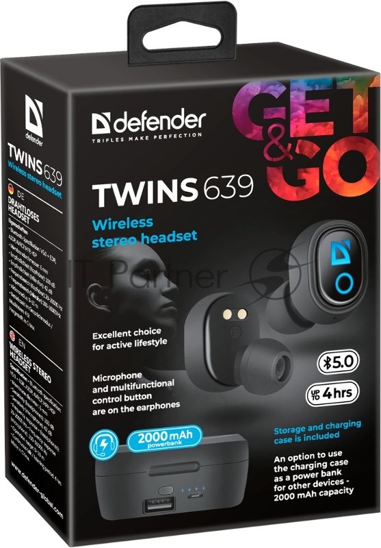 Наушники TWS Defender Twins 639 черный, внутриканальные, Bluetooth, до 4 ч