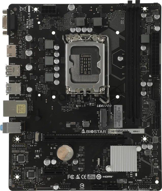 Материнская плата Biostar H610MHC 2.0, LGA1700, Intel H610, 2xDDR4, 4xSATA, 1xM.2 PCIe 3.0 x4, 1xPCIe 4.0 x16, 1xPCIe 3.0 x1, 1xVGA, 1xHDMI, 1x 1Gb LAN, 2xUSB 3.2 Gen1, 4xUSB 2.0, 3x3.5 мм, 7.1, microATX