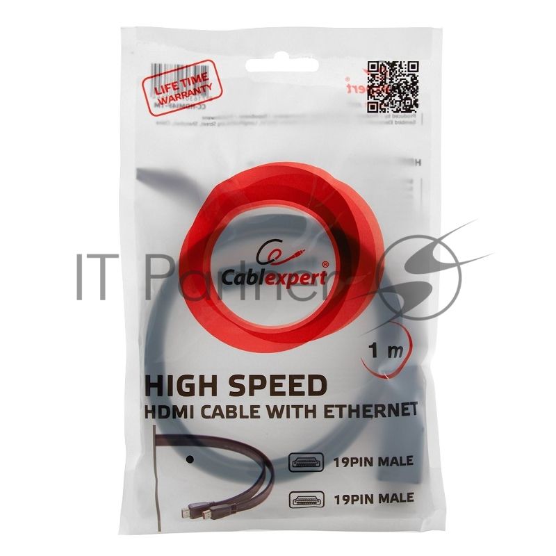 Кабель Cablexpert HDMI CC-HDMI490-15, 19M/19M, v2.0, медь, позол.разъемы, экран, плоский кабель, 1м, черный, пакет