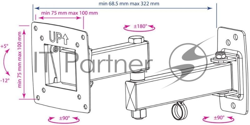 Кронштейн Kromax OPTIMA-104 черный, 10"-28", max 25 кг, настенный, VESA 100x100 мм