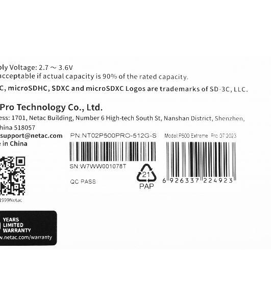 Флеш карта NeTac P500 Extreme Pro MicroSDXC 512Gb V30/A1/C10 up to 100Mb/s