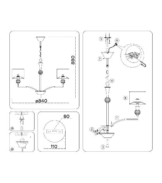 Люстра Ambrella light LH71123/8 SN/WH никель/белый E14/8 max 40W D840*880