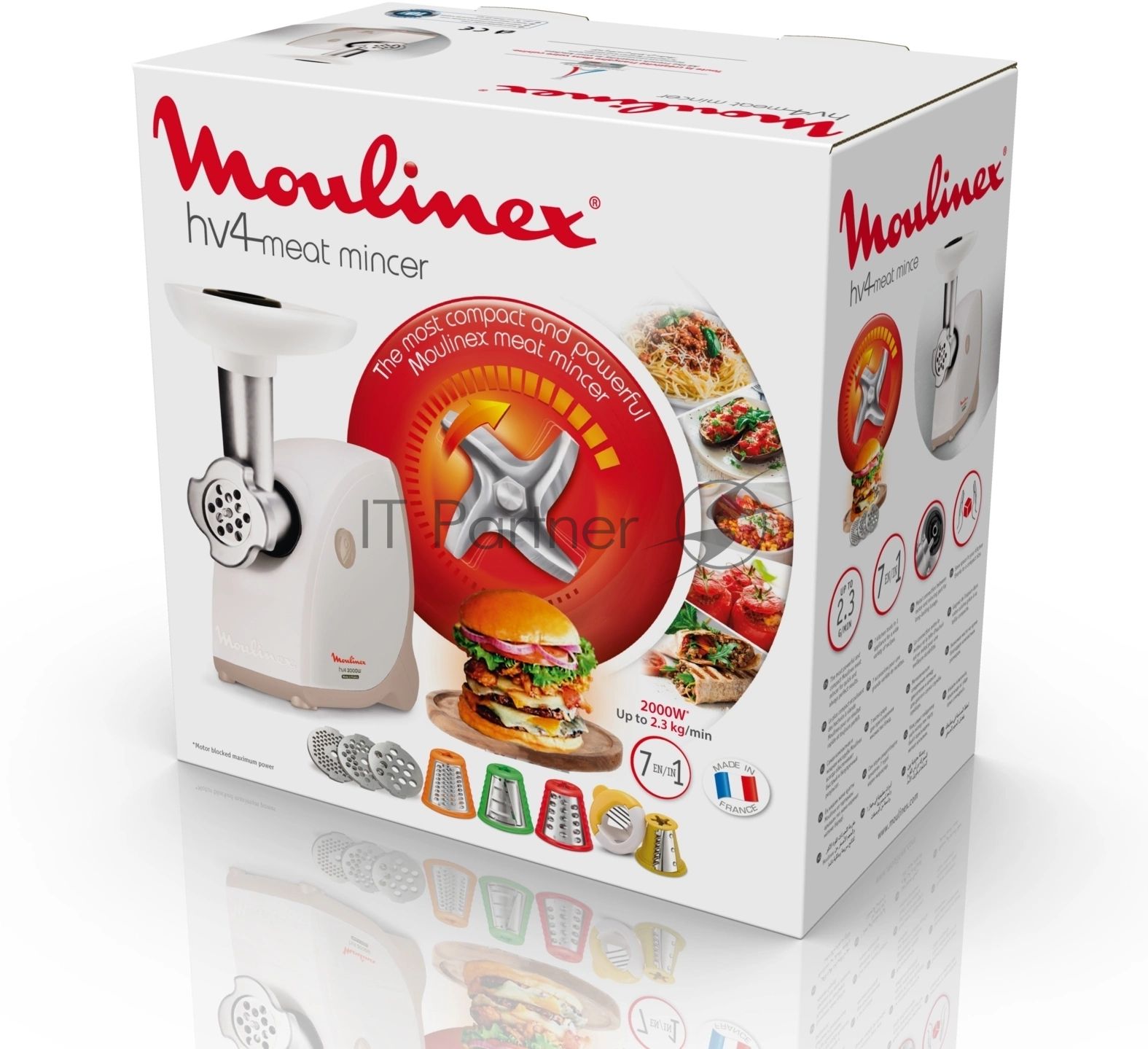 Мясорубка электрическая Moulinex ME476132 белый/бежевый, 2000 Вт, 2.3 кг/мин, защита от перегрузки, насадки - 9