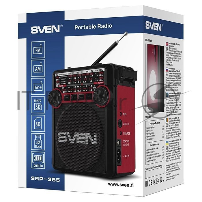 Радиоприемник АС SVEN SRP-355, красный (3 Вт, FM/AM/SW, USB, SD/microSD, фонарь, встроенный аккумулятор) АС SVEN SRP-355, красный (3 Вт, FM/AM/SW, USB, SD/microSD, фонарь, встроенный аккумулятор)