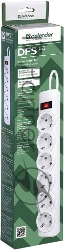 Сетевой фильтр Defender DFS 153 3 м, белый, 6 розеток