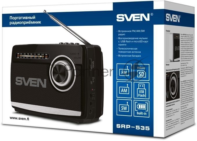 Радиоприёмник SVEN SRP-535 чёрный (3 Вт, FM/AM/SW, USB, SD/microSD, 900 мАч, 2 х D/UM, фонарь)