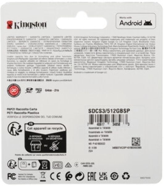 Флеш карта microSDXC 512Gb Kingston SDCS3/512GbSP Canvas Select Plus w/o adapter