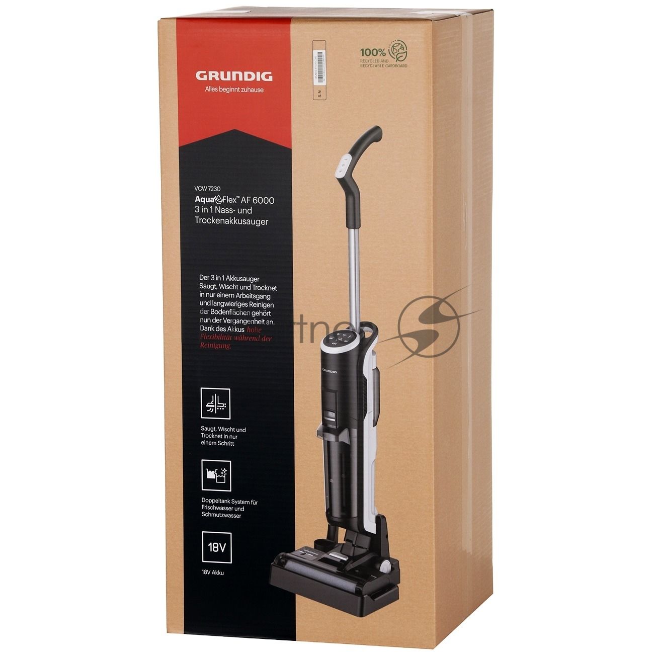 Пылесос вертикальный Grundig VCW 7230 черный, питание от аккумулятора, 19 Вт, уборка суxая/влажная, пылесборник 0.5 л