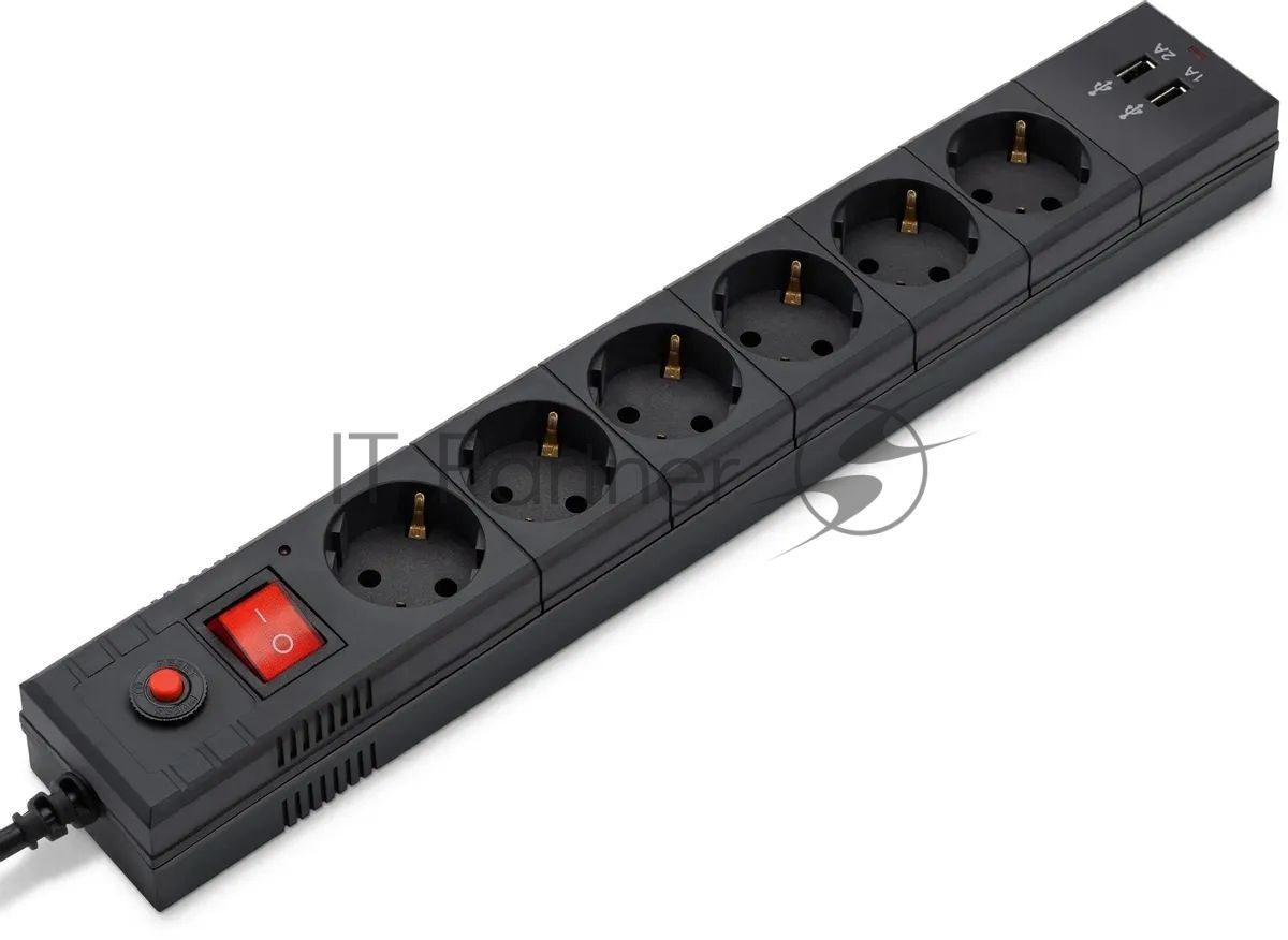 Удлинитель с сетевым фильтром 6х1.8 м с заземл. 10А IP20 BU-SP1.8 USB 2A CCA 3х0.75 2USB черный BURO 992310