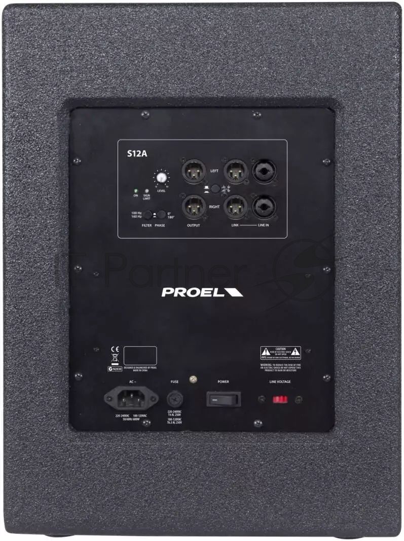 Активный сабвуфер PROEL [S12A] НЧ динамик 12", мощность пик. 1200 Вт, мощность ном. 600 Вт, АЧХ 43-160 Гц, макс. SPL 127 дБ, 2x Combo XLR/TRS входа, 2x XLR-M выхода, 2x XLR-M LINK, корпус фанера 15/18 мм, ручки для переноски 2 шт., гнездо для стойки