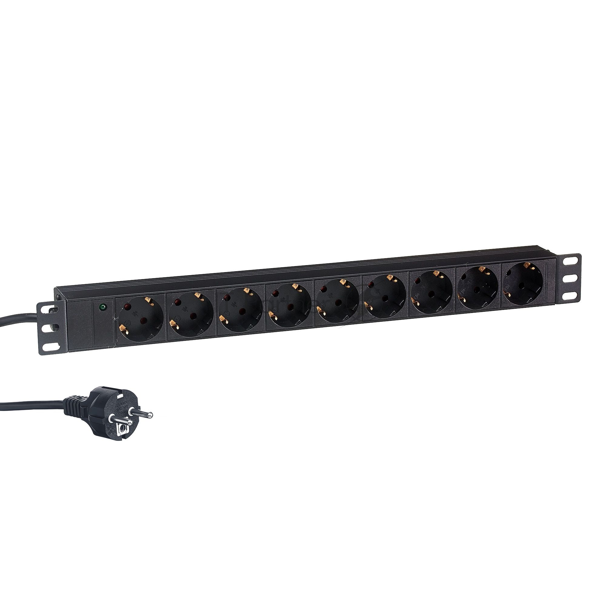 Блок розеток горизонтальный ExeGate ServerPro PDU-19H905 Al-9S-EU3, 19", 1U, Алюминий, 9 Schuko, кабель с евровилкой VDE-250V-16A-3*1.5мм2, 3 метра, черный
