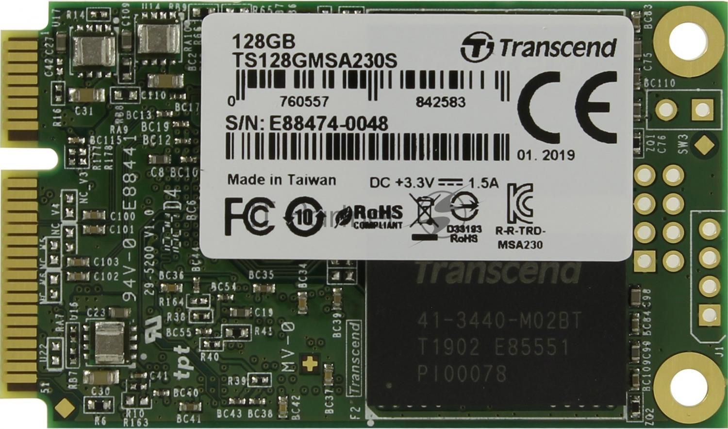Накопитель SSD mSATA Transcend 128Gb MSA230S <TS128GMSA230S> (SATA3, up to 550/400Mbs, 3D TLC)