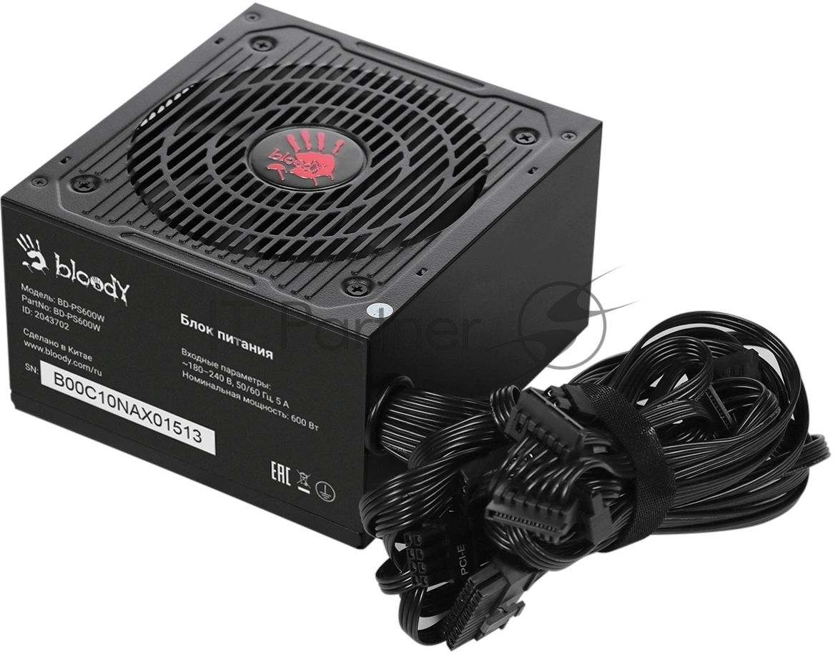 Блок питания Bloody BD-PS600W, 600Вт, 80 PLUS белый, 120мм, черный