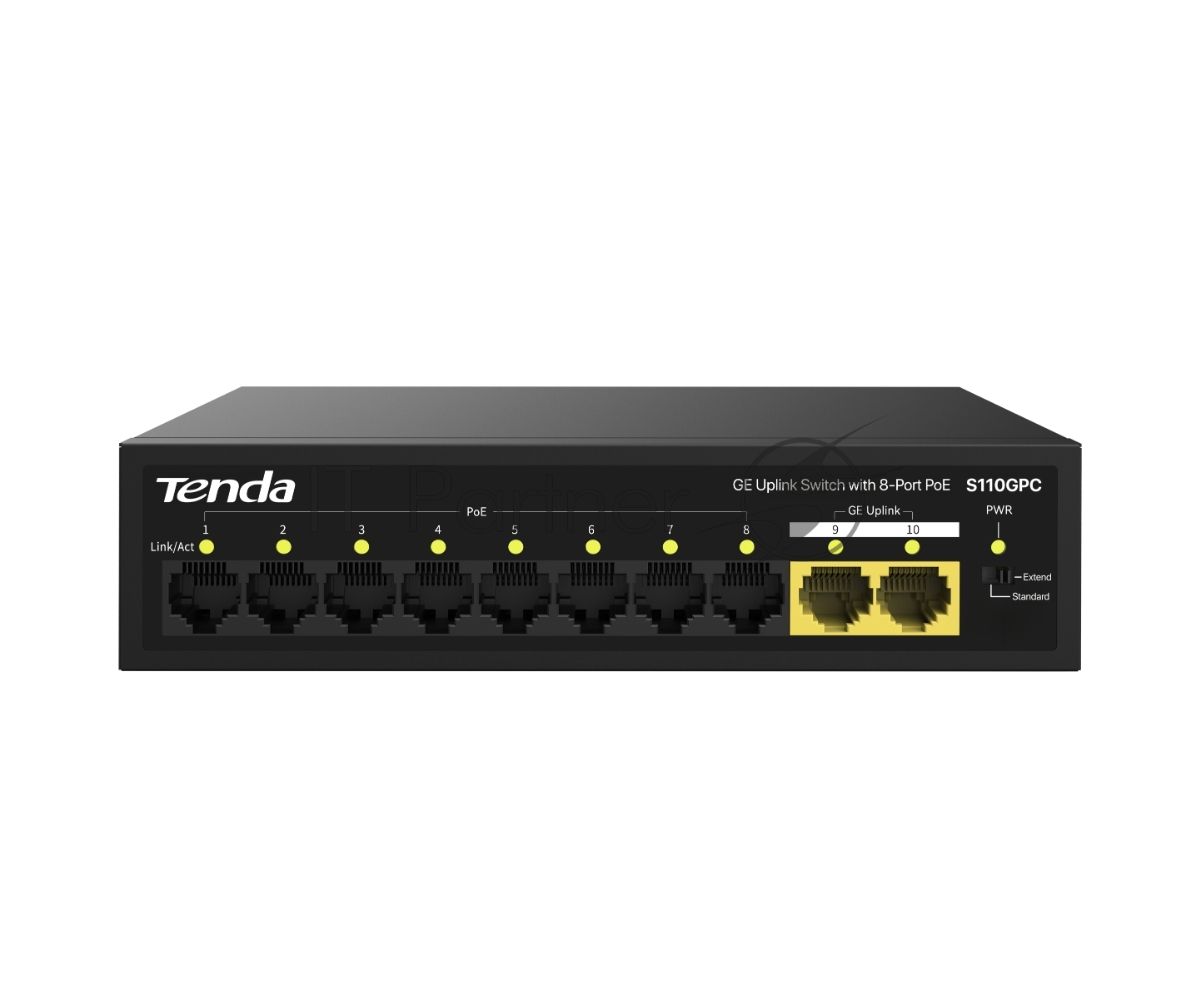 Коммутатор Tenda S110GPC, 8×100 Мбит/с PoE + 2×1 Гбит/с, неуправляемый