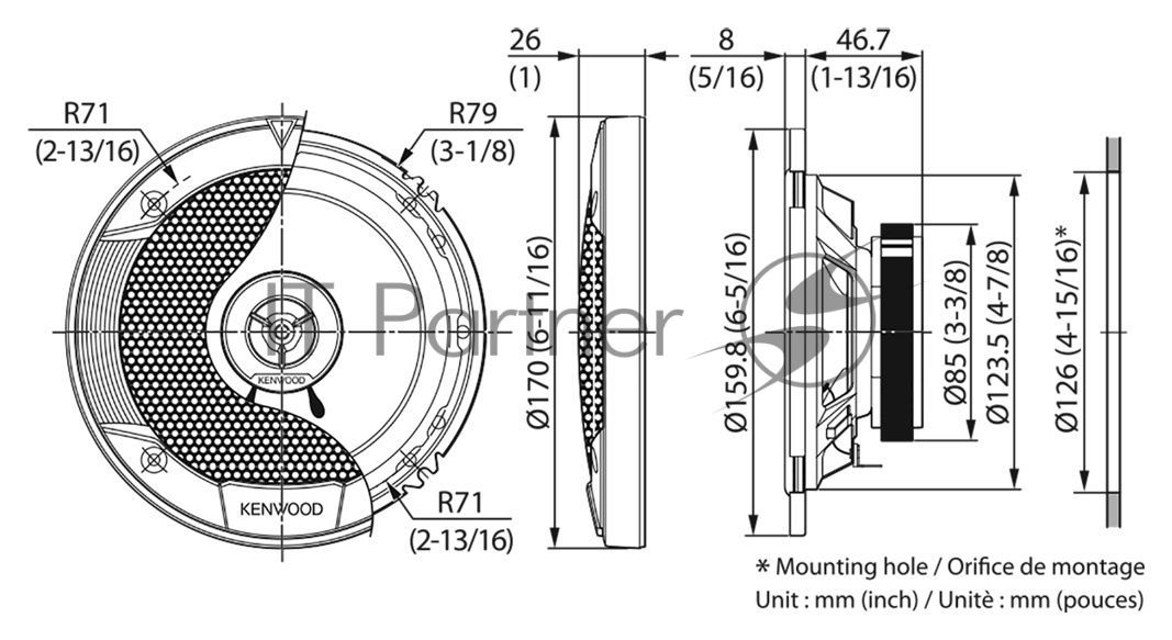 Колонки автомобильные Kenwood KFC-S1676EX 330Вт 87дБ 4Ом 16см (6.5дюйм) (ком.:2кол.) коаксиальные
