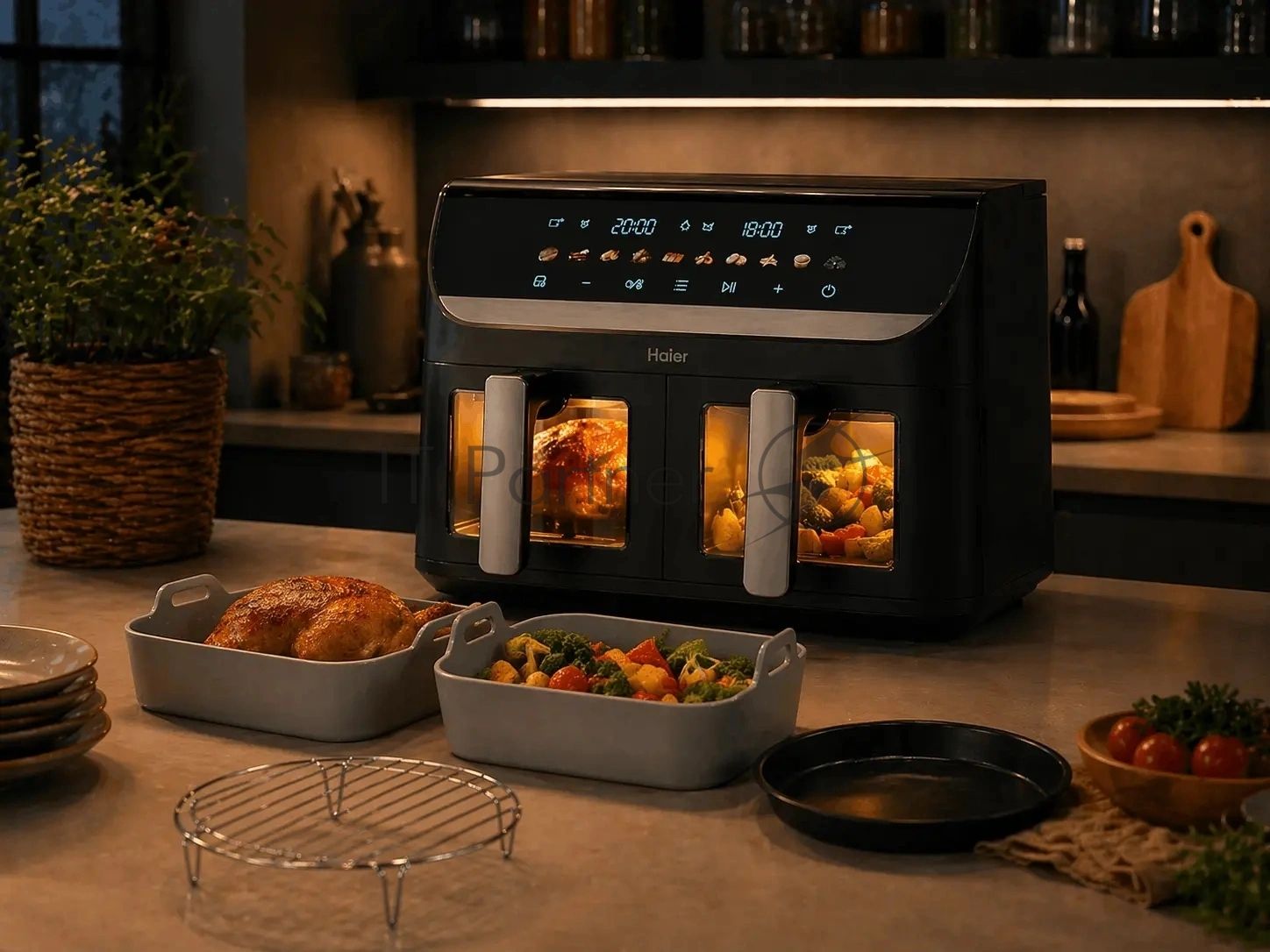 Аэрогриль Haier HAF-702 черный, 3000 Вт, 11 л ( 5.5 л каждая), сенсор, 10 программ