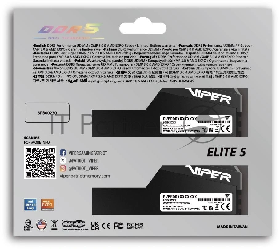 Оперативная память Patriot Viper Elite 5 Ultra, DDR5, 32GB (2x16GB), 6000 MHz, CL28, с радиатором, чёрный