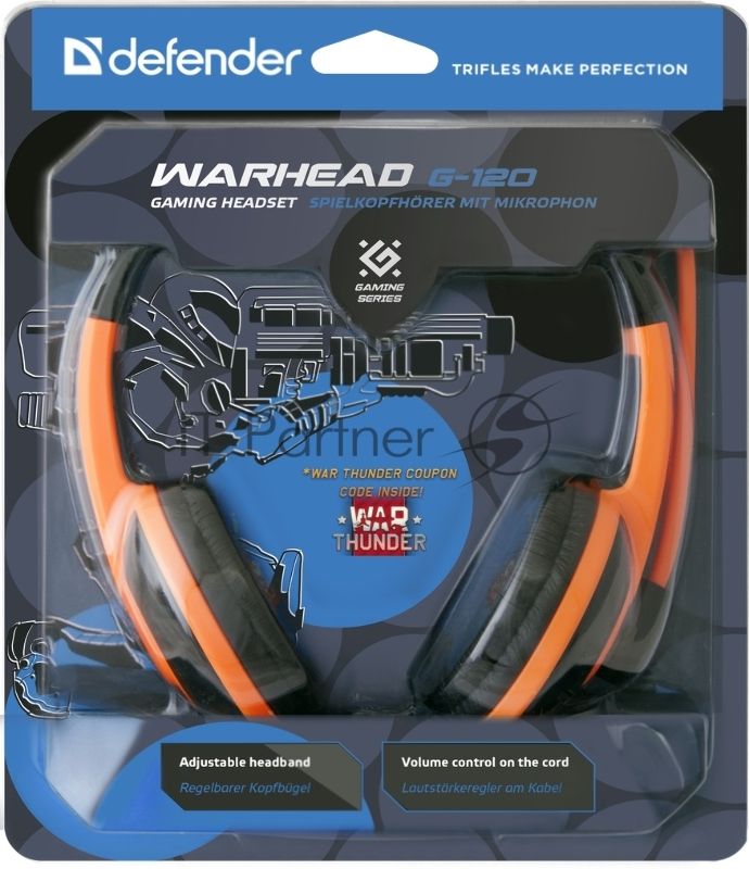 Наушники Defender Warhead G-120 черный/оранжевый кабель 2 м