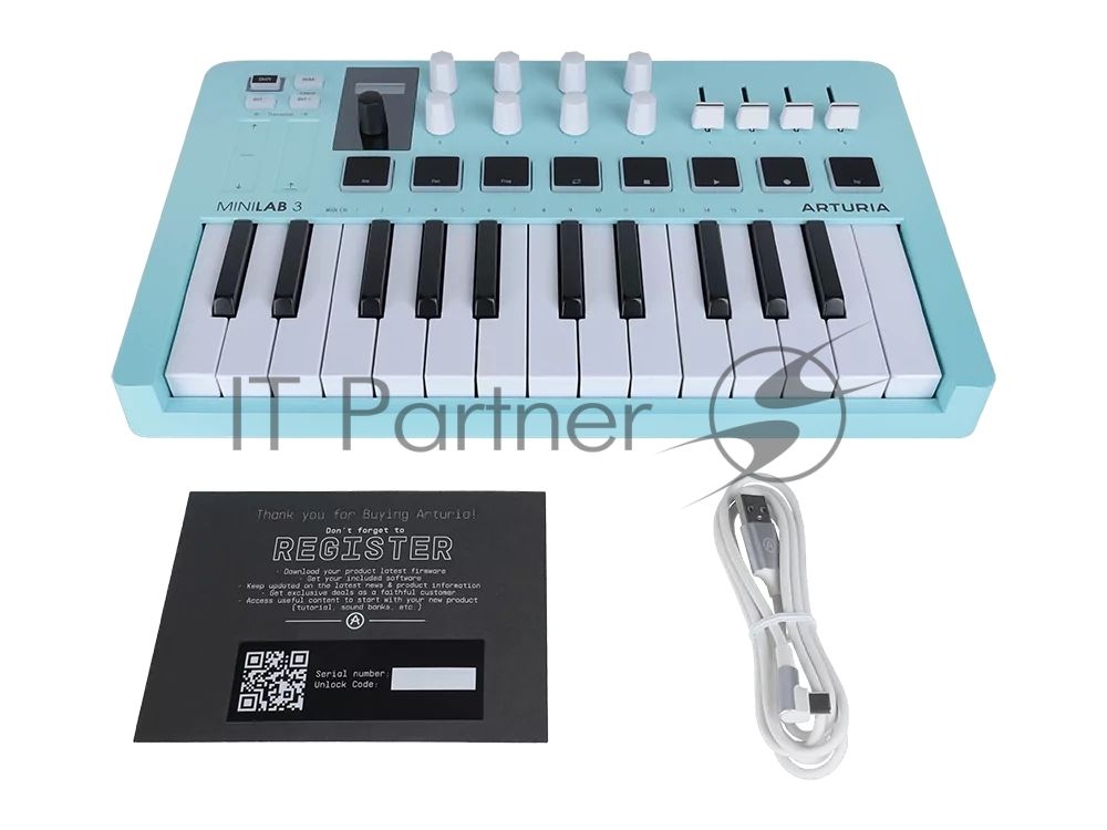 Клавиатура MIDI 231599 Arturia MiniLAB 3 Aquamarine 25 клавиш, 8 энкодеров, 8 RGB пэдов, 8 фейдеров, дисплей, сенсорные регуляторы Pitch/Modulation, MIDI-выход, 1/4" Jack вход педали, режим Chord, арпеджиатор, USB-C
