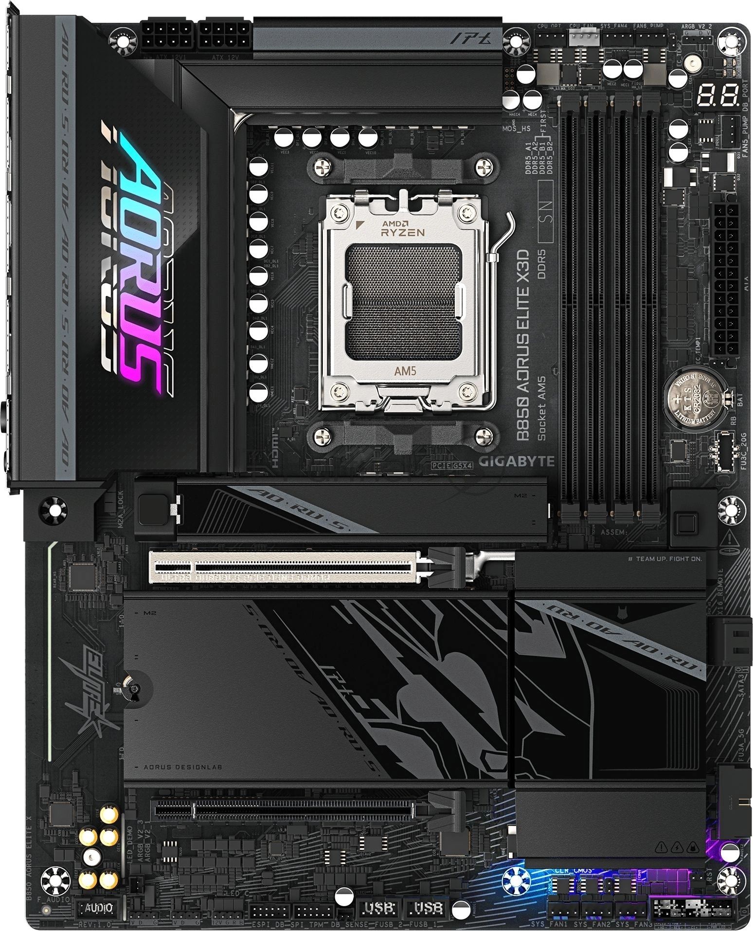 Материнская плата Gigabyte B850 AORUS ELITE X3D, AM5, AMD B850, 4xDDR5, 2xSATA, 4xM.2, 1xPCIe 5.0 x16, 1xPCIe 4.0 x4, 1xHDMI, 1x 5GbE LAN, 2xUSB 3.2 Gen 2 Type-C, 2xUSB 3.2 Gen 2 Type-A, 4xUSB 3.2 Gen 1, 4xUSB 2.0,